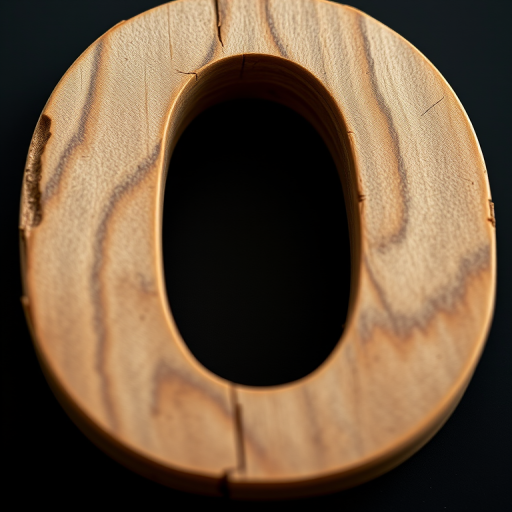 Close-up of a large wooden number zero with a rustic texture on a solid black background, shot with a Canon EOS R5, ISO 100, f/4, 1/100 sec, natural lighting, macro view, focus on texture details.