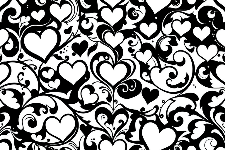 Create a seamless black and white pattern featuring swirling hearts and intricate designs, shot with a Canon EOS R5 at f/8, ISO 100, 50mm lens, top-down view, in high dynamic range style.