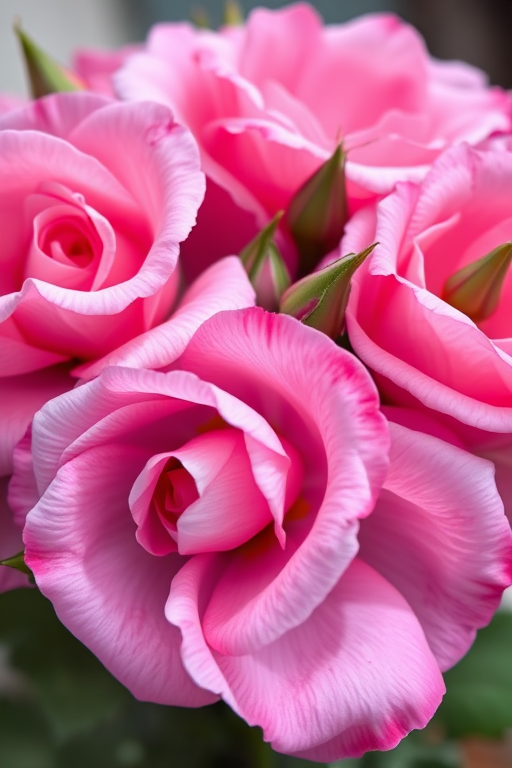 Regenerate a close-up of pink and purple roses with soft petals and green leaves, using a Canon EOS R5, 50mm lens, f/2.8 aperture, ISO 100, natural lighting for vibrant colors and sharp details.