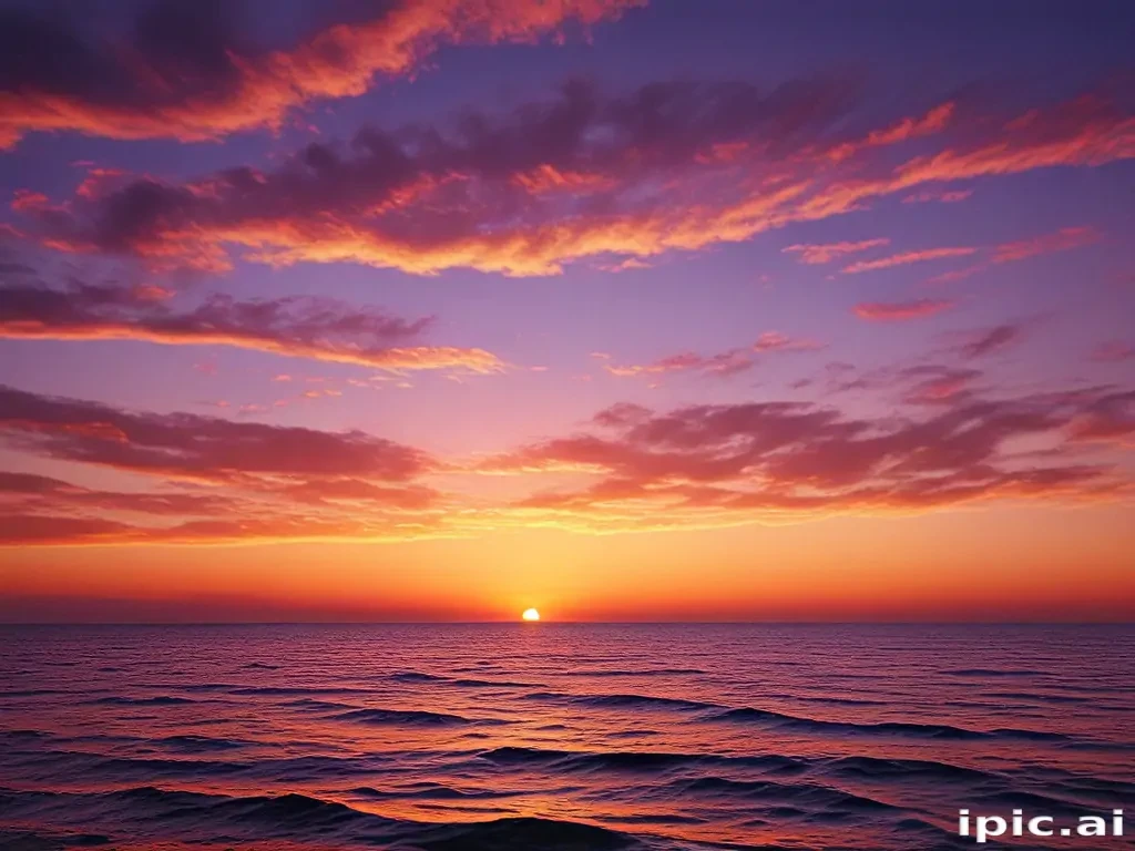 Vibrant Sunset Over Tranquil Ocean Waves with Colorful Cloud Formation