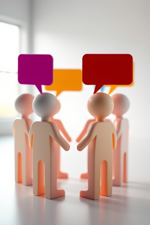 Create an image of a group of simple 3D human figures in a conversation with colorful speech bubbles, using a DSLR camera with a 35mm lens, aperture f/8, ISO 200, in a bright studio setting and shallow depth of field to enhance focus on the figures.