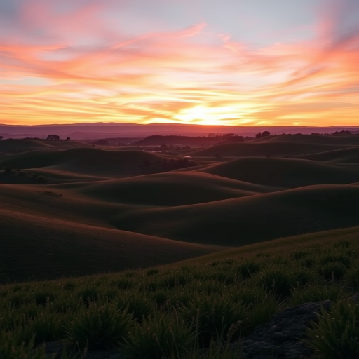 Capture a high-resolution landscape scene featuring rolling hills at sunset, with vibrant colors in the sky and silhouettes of trees, using a full-frame DSLR camera, 24mm lens, f/8 aperture, ISO 100, and a tripod for stability.