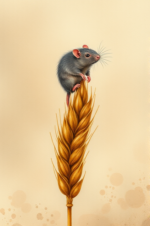 Soft, muted Alcohol Ink with ebru effect background image of tiny whimsical rat, who climbed high on the top of a golden rye ear.