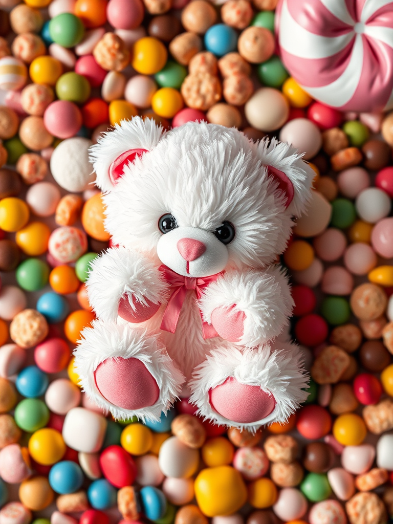 Regenerate a vibrant flat lay image of a fluffy white teddy bear with pink accents sitting among a colorful assortment of candies and sweets, shot with a Canon EOS R5, 50mm lens at f/1.8, ISO 100, natural light, macro view for enhanced detail and texture.