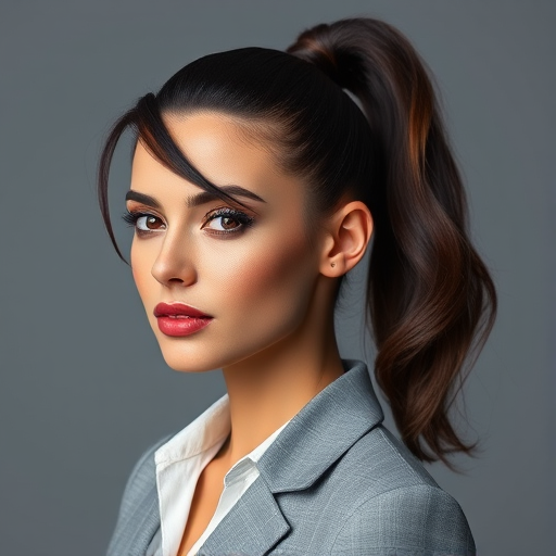 Confident businesswoman showcasing a sleek, high ponytail with wrapped base and face-framing wisps, complemented by a rich espresso brown hue