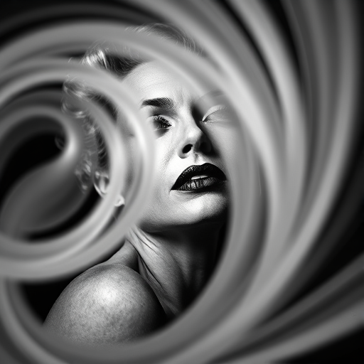 Regenerate a high-contrast black and white artistic portrait of a classic Hollywood figure with swirling abstract shapes in the foreground, shot with a 50mm lens, aperture f/1.8, ISO 200, in a studio setting using a DSLR camera with soft lighting and a shallow depth of field.