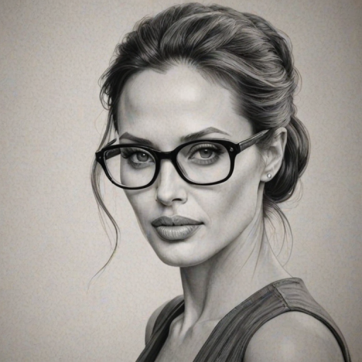 Splendid Angelina Jolie, pencil sketch, portrait of Superb woman 1928s in glasses, hair style beatnik, outline, clear lines, fine lines, 8k