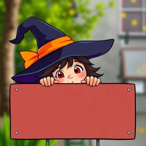 Create a cute cartoon character of a witch with a large floppy hat peeking over a blank rectangular sign, vibrant colors, high contrast, 50mm lens, f/2.8 aperture, soft focus background, overhead view, digital illustration.
