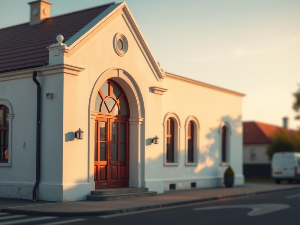 regenerate a high-quality image of a white building with a sloped roof and architectural details in soft afternoon light, using a DSLR camera with a 35mm lens, f/8 aperture, ISO 100, and a slight tilt-shift perspective for depth enhancement.