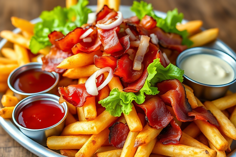 a close-up shot of a platter filled with crispy fries topped with layers of bacon, garnished with fresh lettuce, sliced onions, and dipping sauces, shot with a 50mm lens at f/2.8, ISO 100, natural lighting, standard depth of field, using a DSLR camera