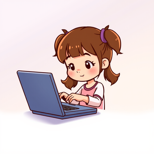 Create a high-resolution vector illustration of a cartoon girl with pigtails typing on a laptop, set against a soft gradient background, using a DSLR camera with a 50mm lens, f/2.8 aperture, ISO 100, and a shallow depth of field to enhance focus on the character while softly blurring the background.