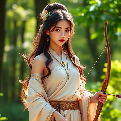 Create a portrait of a goddess-like Chinese girl figure in a tranquil, forested environment. She has an elegant appearance with long, wavy hair styled in an updo and adorned with a delicate, floral headband. She wears a flowing, ancient Greek-inspired gown in a soft, pale color, featuring a one-shoulder design and draped fabric that accentuates her graceful form. The outfit includes a decorative belt with ornate gold detailing, and she holds a bow in her hand, with a quiver of arrows slung over her shoulder. The background depicts lush greenery, with sunlight filtering through the trees, casting a gentle, ethereal light on the scene. Her expression is calm and contemplative, embodying a sense of wisdom and serenity.