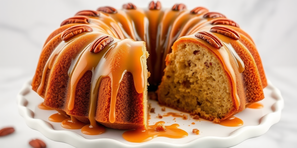 Create an image of a bundt cake with a glossy caramel glaze drizzled over the top and topped with pecans. The cake should be partially sliced to reveal its moist interior, and it should be placed on a white cake stand with a marble background. The scene should be bright and inviting, emphasizing the delicious details of the cake.