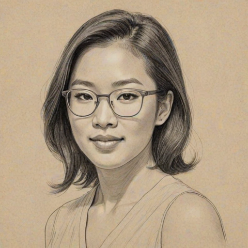 Captivating Michelle Kwan, pencil sketch, portrait of Attractive woman 1927s in glasses, hair style beatnik, outline, clear lines, fine lines, 8k