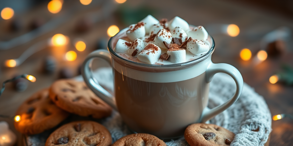 A cozy cup of hot chocolate topped with marshmallows and chocolate shavings, surrounded by cookies and warm fairy lights, shot with a DSLR camera at f/2.8 aperture, ISO 100, 50mm lens, natural light for a soft focus background and rich colors.