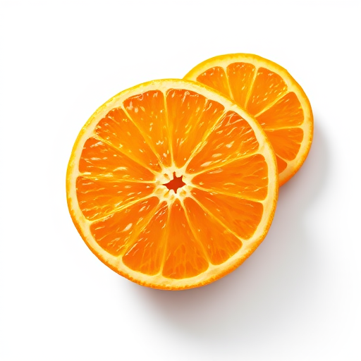 Create a digital illustration of an orange and a sliced orange, with vibrant colors and detailed textures, captured using a DSLR camera with a 50mm lens, aperture f/2.8, ISO 100, top-down view, realistic lighting to enhance freshness.
