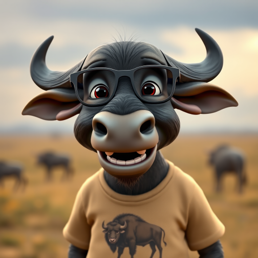 Hyperrealistic 3D render of a smiling cartoon Cape Buffalo wearing glasses and a beige t-shirt with a smaller buffalo image printed on it, missing some teeth, set against a blurred African savanna background, detailed fur, 8k resolution, octane render, artstation trending.