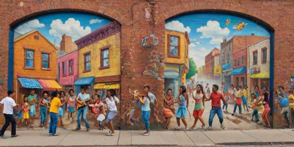Colorful urban mural, depicting a lively street scene with people from different cultures interacting, children playing, and musicians performing, set against a backdrop of a weathered brick wall.