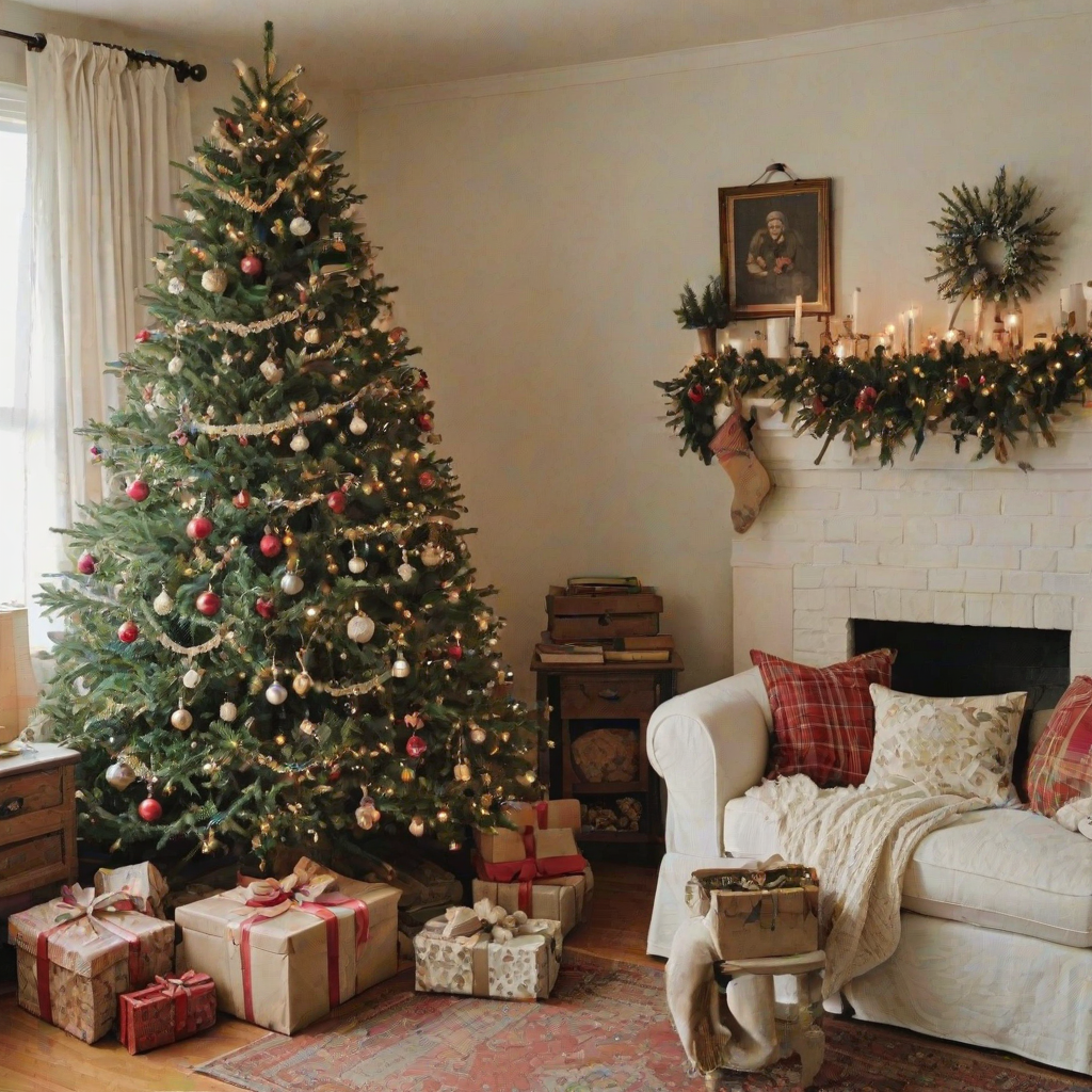 a vintage christmas tree in a cozy room