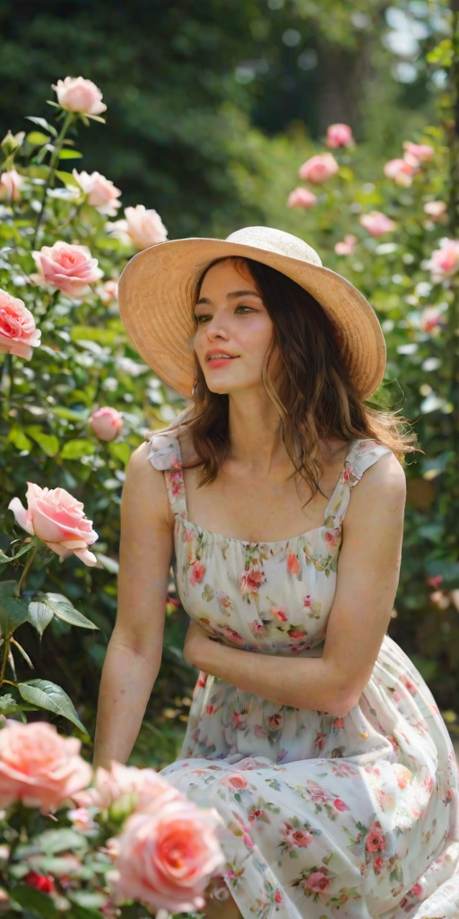 Soft-focus image of a woman sitting in a flower-filled garden, wearing a wide-brimmed hat and a sundress, gently caressing the petals of a blooming rose.