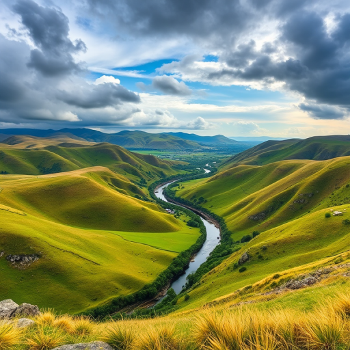 Create an expansive landscape image of rolling hills with a river winding through a lush green valley under a dramatic sky, shot with a DSLR camera at 24mm focal length, f/8 aperture, ISO 100, in vibrant colors and high dynamic range, captured from an elevated viewpoint.