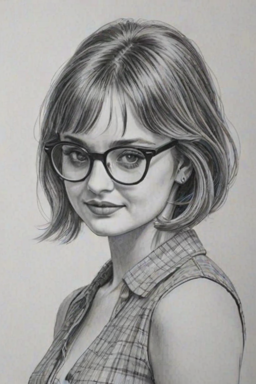 Comely Joey King, pencil sketch, portrait of Appealing woman 1967s in glasses, hair style beatnik, outline, clear lines, fine lines, 8k