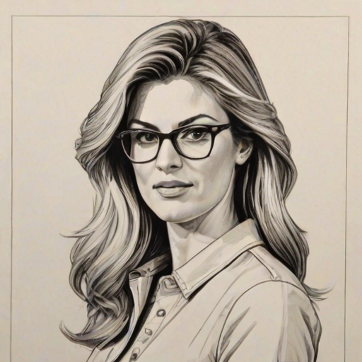 Fetching Erin Andrews, pencil sketch, portrait of Delightful woman 1972s in glasses, hair style beatnik, outline, clear lines, fine lines, 8k