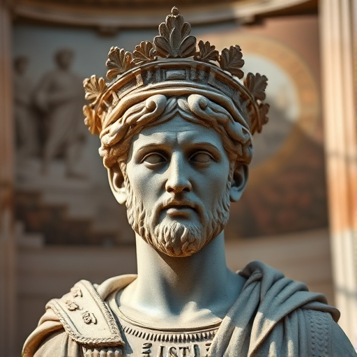 Generate a high-resolution image of a Roman emperor statue with a laurel crown in an ancient setting, using a Canon EOS R5 camera with a 50mm lens, f/1.8 aperture, ISO 100, shot in natural light from a low angle to enhance depth and detail.