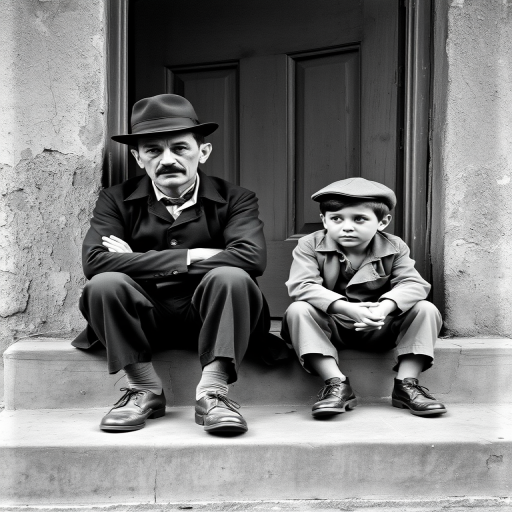 A black-and-white photograph of a man and a child sitting on steps in front of a doorway. The man is dressed as a tramp with a bowler hat, mustache, and ragged clothes, reminiscent of Charlie Chaplin's iconic look. He is sitting with his arms crossed and an expression of slight sadness or frustration. Next to him is a young boy, also in worn clothes and a cap, sitting with his hands clasped, looking thoughtful. The background is an old, textured wall and a partially open door, creating a vintage, early 20th-century atmosphere.