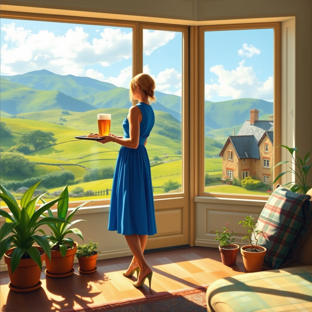 In "A Glass of Beer on the Highland," a serene scene is depicted in a sunlit room where a woman in a vibrant blue dress stands by a large window. She holds a tray with a hearty meal and a frothy glass of beer, embodying a moment of relaxation. Outside, the breathtaking highland landscape features rolling green hills and a charming traditional house, all bathed in warm afternoon light. The interior is adorned with potted plants, creating a harmonious blend of comfort and nature. The painting beautifully captures the tranquility and joy found in simple pleasures amidst stunning scenery