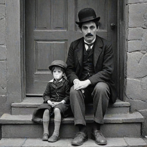 A black-and-white photograph of a man and a child sitting on steps in front of a doorway. The man is dressed as a tramp with a bowler hat, mustache, and ragged clothes, reminiscent of Charlie Chaplin's iconic look. He is sitting with his arms crossed and an expression of slight sadness or frustration. Next to him is a young boy, also in worn clothes and a cap, sitting with his hands clasped, looking thoughtful. The background is an old, textured wall and a partially open door, creating a vintage, early 20th-century atmosphere.