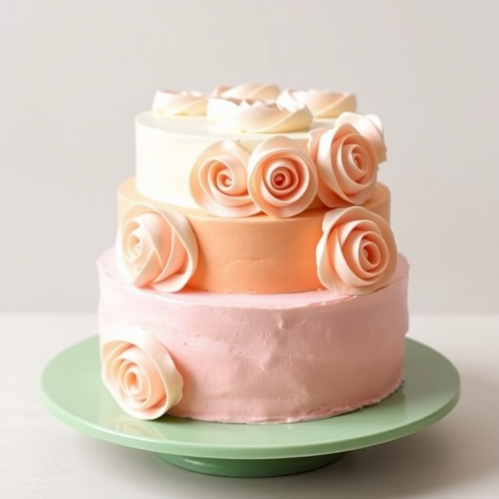 Create an image of a three-layer cake decorated with buttercream frosting designed to look like roses. The top layer should be white, the middle layer should be a soft peach color, and the bottom layer should be light pink. The cake should be displayed on a round green cake stand with a simple background.