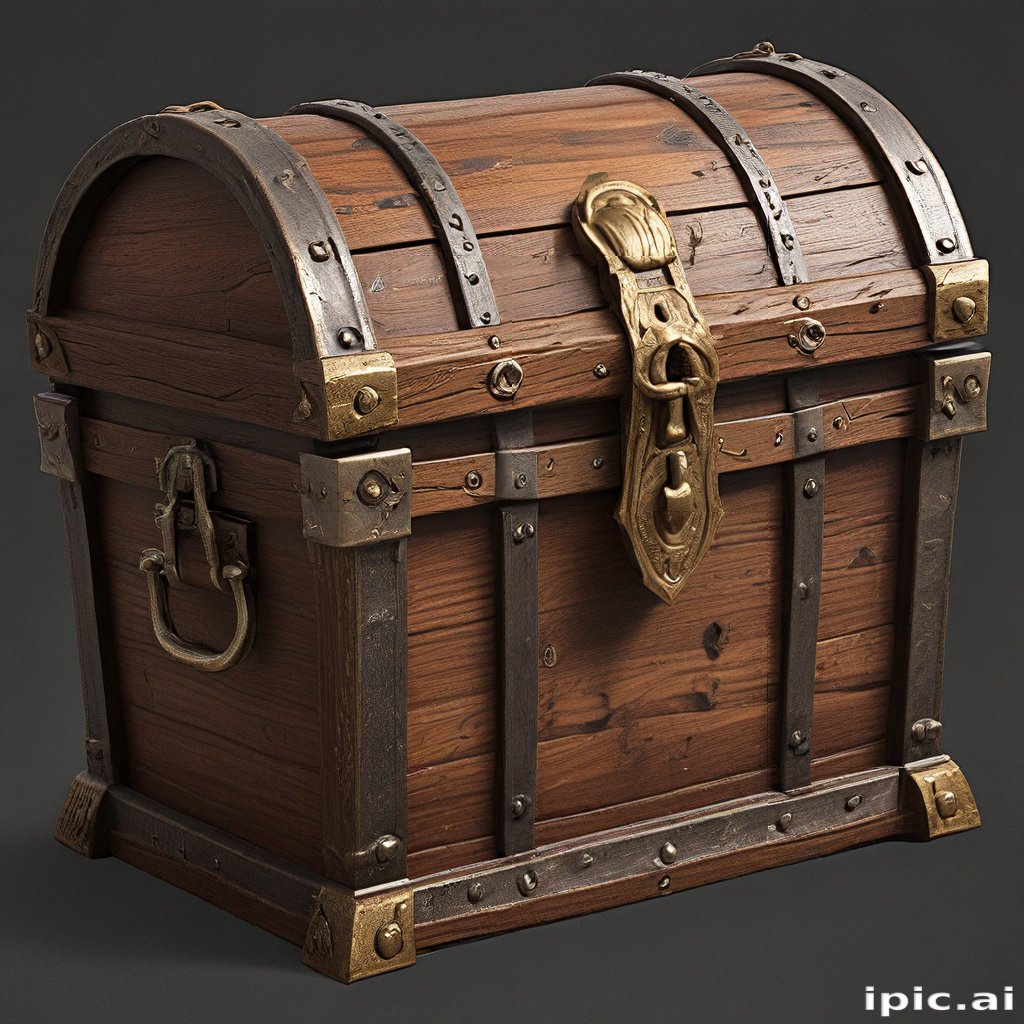 Antique Wooden Treasure Chest with Metal Accents and Locking Mechanism