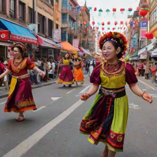Lively street festival, featuring performers showcasing traditional dances, colorful food stalls, and families enjoying various activities, with vibrant decorations adorning the streets.