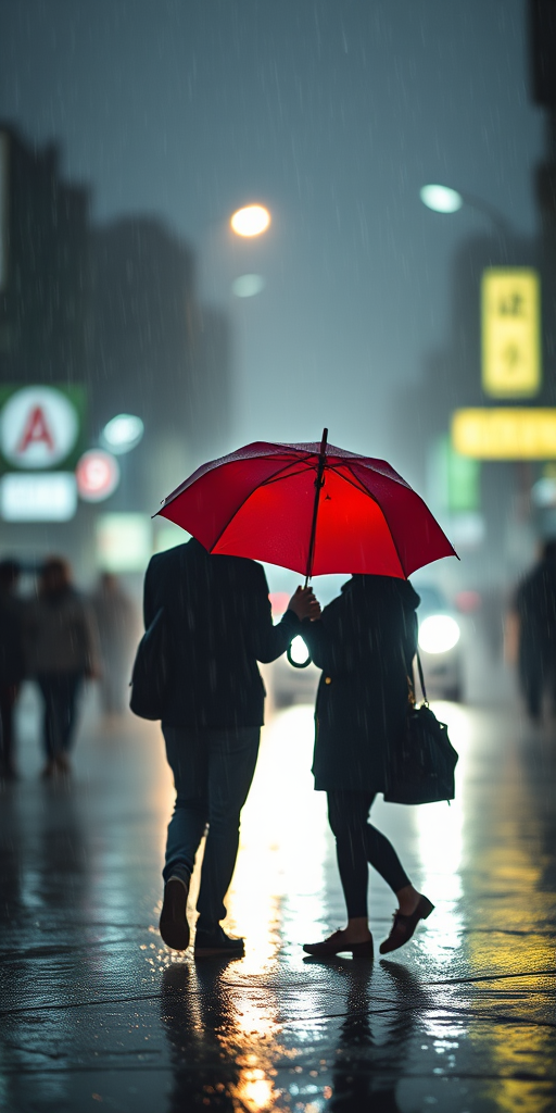 two silhouetted figures under a red umbrella in heavy rain, captured with a shallow depth of field, focal length 50mm, aperture f/2.8, ISO 200, using a DSLR camera with a soft focus on the background to enhance the mood and emphasize the figures