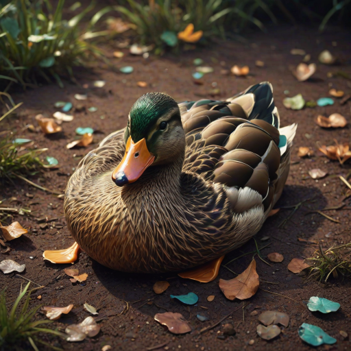 Stunning image of a cute adorable tired looking wacky duck laying flat on the ground, no emotions, moody, grainy, noisy, concept art, by Alberto Seveso, Cyril Rolando, Dan Mumford, Meaningful Visual Art, Detailed Painting, Digital Illustration,