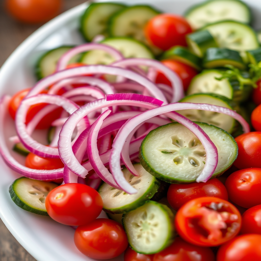 close-up shot of a white platter filled with freshly sliced cucumbers, red onions, and cherry tomatoes, natural lighting, f/2.8 aperture, 50mm lens, DSLR camera, vibrant colors, shallow depth of field
