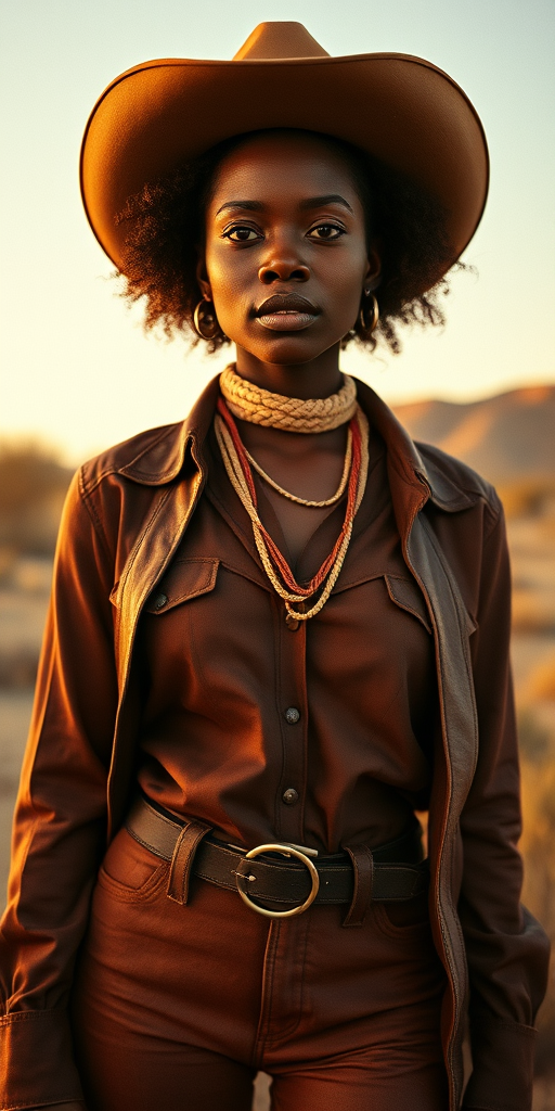 Dramatic photo of a beautiful Afro-Caribbean woman, classic cowboy attire, confident and free spirit expression, half-length portrait, centered, golden hour desert landscape, warm, diffused light, low angle, medium format film camera, in style of Annie Leibovitz.