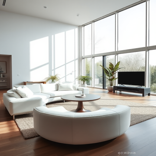 modern minimalist interior living room with white couch and round table, large windows with natural light, soft shadows, high-resolution, 35mm lens, f/2.8 aperture, ISO 100, soft focus, natural light photography, wide-angle view