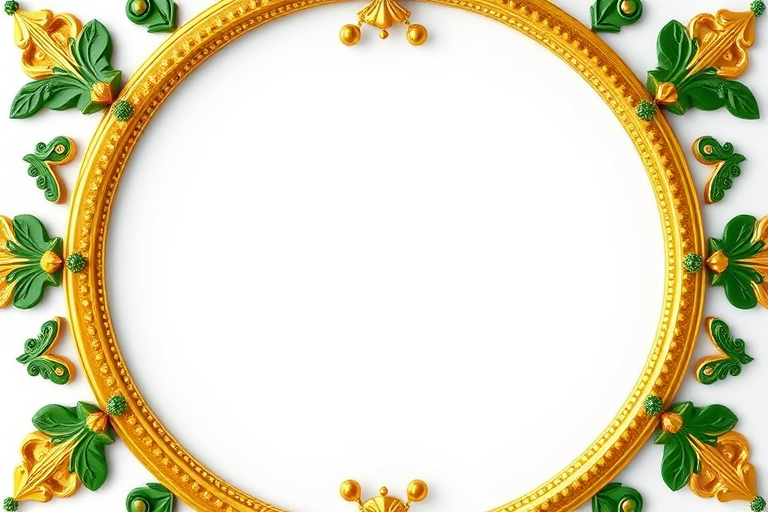 Generate a high-resolution image of a circular decorative frame with green accents and yellow gold detailing, shot with a DSLR camera at f/8 aperture, ISO 100, 50mm lens, in a studio setting with soft lighting.
