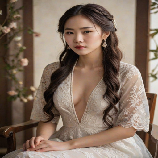 Create a portrait of a refined and elegant Chinese woman seated in a sophisticated setting. She has long, wavy hair styled in two thick braids that are pulled over her shoulders. She wears a white, lace gown with intricate patterns, featuring a deep V-neckline and short sleeves. The dress exudes a vintage charm with its delicate lacework. She is adorned with ornate, dangling earrings that add a touch of glamour to her appearance. The background is softly lit, with warm, ambient lighting that creates a cozy and inviting atmosphere. Her expression is poised and serene, capturing a sense of grace and elegance.