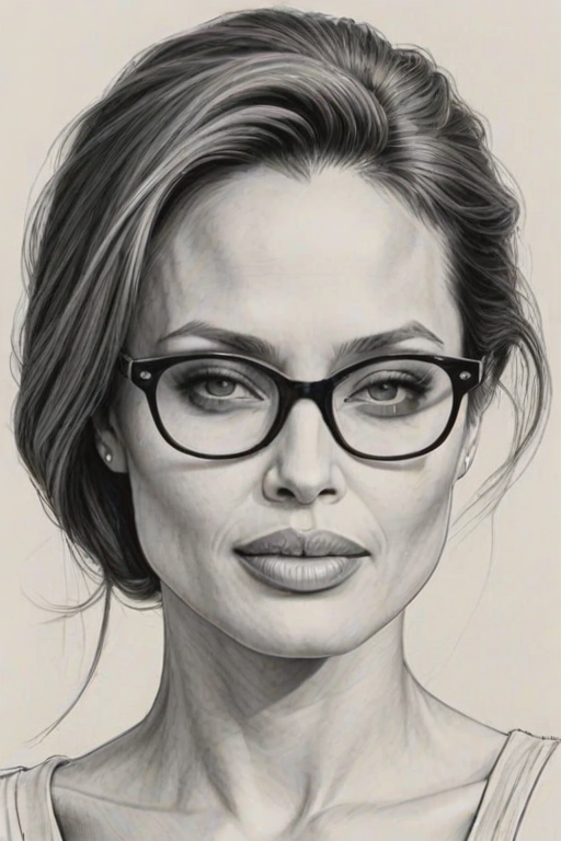 Beauteous Angelina Jolie, pencil sketch, portrait of Fascinating woman 1959s in glasses, hair style beatnik, outline, clear lines, fine lines, 8k