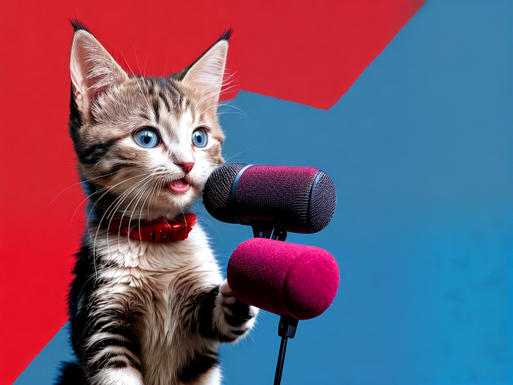 Kitten singing into microphone in a red and blue room