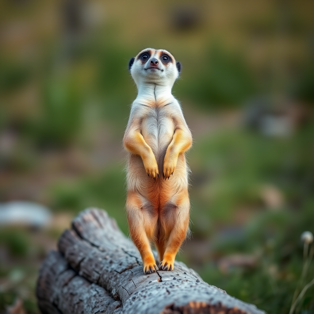 capture a meerkat standing upright on a log in a natural setting with a shallow depth of field, using a 50mm lens at f/2.8, ISO 200, shutter speed 1/500s, natural light, DSLR camera, close-up view