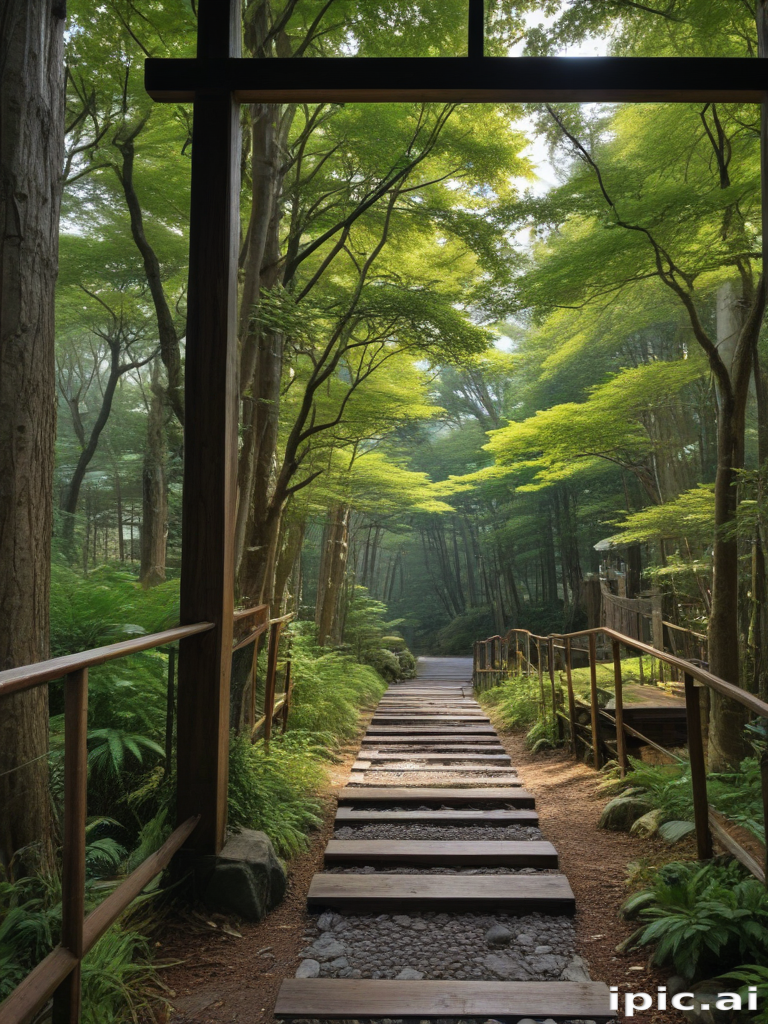 Tranquil Pathway Through Lush Green Forest Surrounded by Majestic Trees