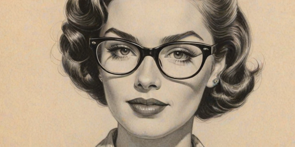 Magnificent Hattie Winston, pencil sketch, portrait of Enticing woman 1950s in glasses, hair style beatnik, outline, clear lines, fine lines, 8k