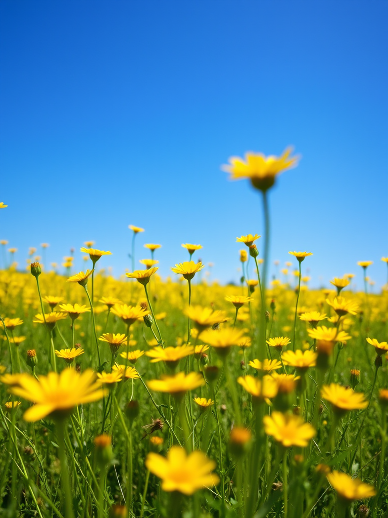 photograph of a vibrant field of yellow wildflowers under a clear blue sky, taken with a Nikon D750 camera at f/5.6, ISO 200, shutter speed 1/250 sec, with a close-up view and soft focus background for enhanced depth of field