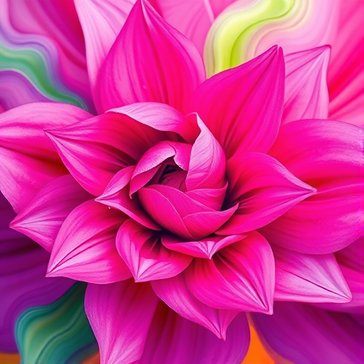 Create a vibrant abstract floral design with swirling colors of pink, purple, and green, using a Canon EOS R5 camera with a 50mm lens, aperture set to f/1.8, ISO 100, and a soft focus effect for enhanced vibrancy and depth.