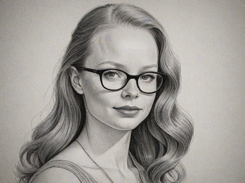 Enticing Lauren Ambrose, pencil sketch, portrait of Graceful woman 1946s in glasses, hair style beatnik, outline, clear lines, fine lines, 8k