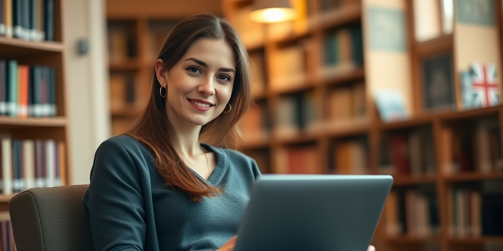 Portrait of a woman sitting with a laptop in a cozy library setting with bookshelves in the background, soft bokeh effect, natural light, aperture f/1.8, ISO 400, 85mm lens, DSLR camera, warm color tone.